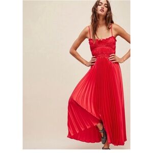 Red Pleated Maxi Dress with Spaghetti Straps